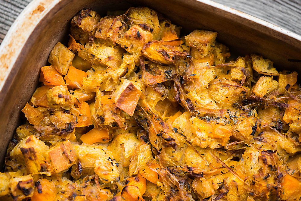 casserole dish with butternut squash leek stuffing.