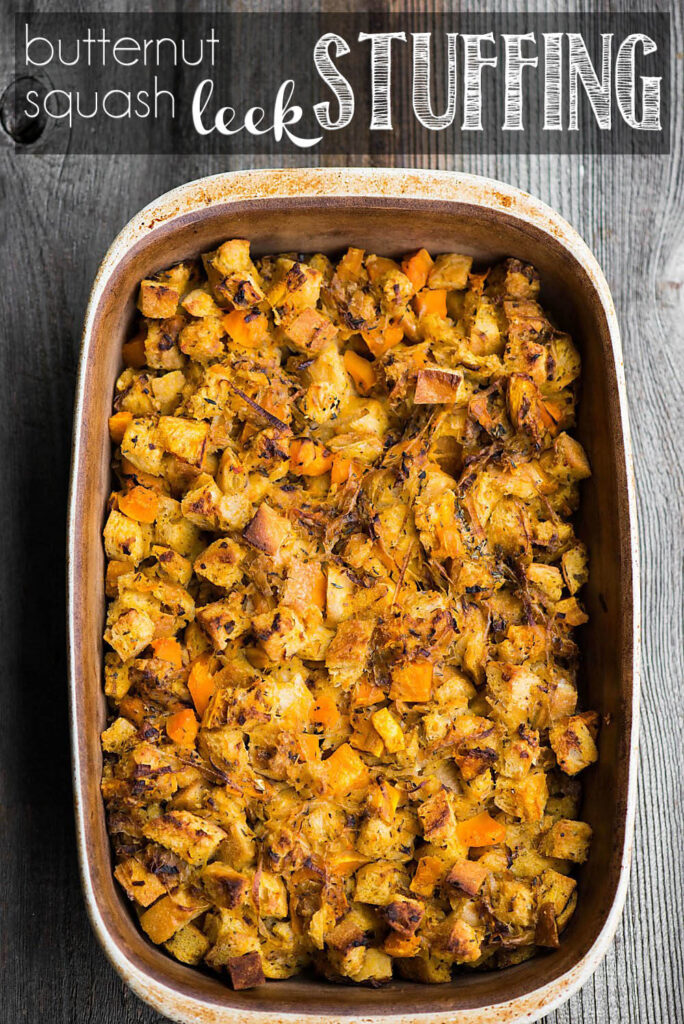 casserole dish with butternut squash leek stuffing.
